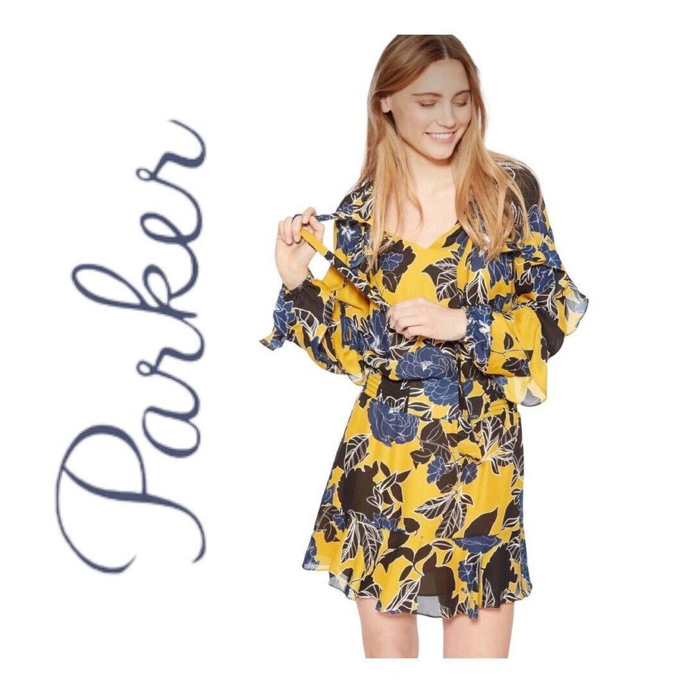 Parker‎ Gigi Ruffle Sleeve Silk Viscose Smocked Waist Dress Yellow Floral Small